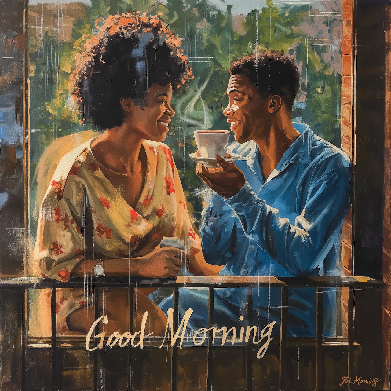 Couple sharing coffee on balcony with plants and cityscape