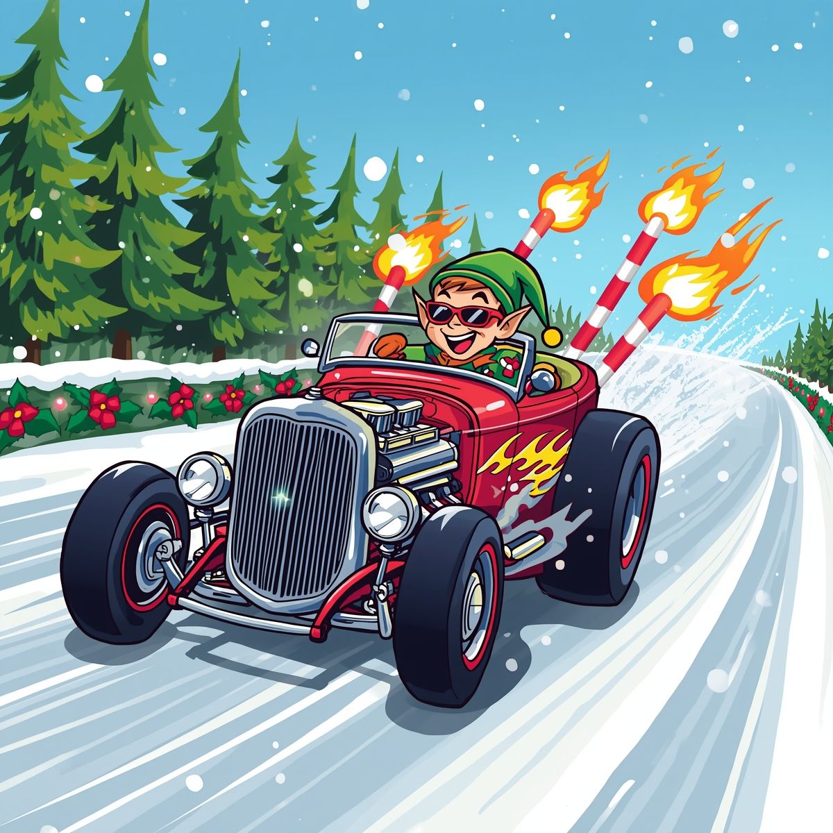 Cartoon elf driving a red hot rod on a snowy winter road with flaming exhaust pipes