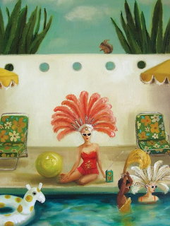 Painting of a woman in red swimsuit and feathered headdress sitting poolside with lounge chairs and floats