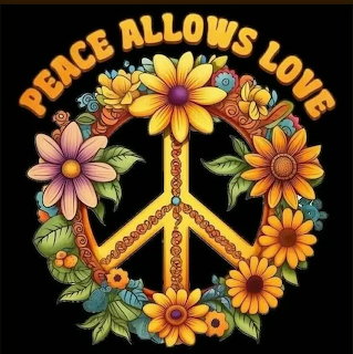 Colorful floral peace sign with leaves and the words Peace Allows Love on a black background