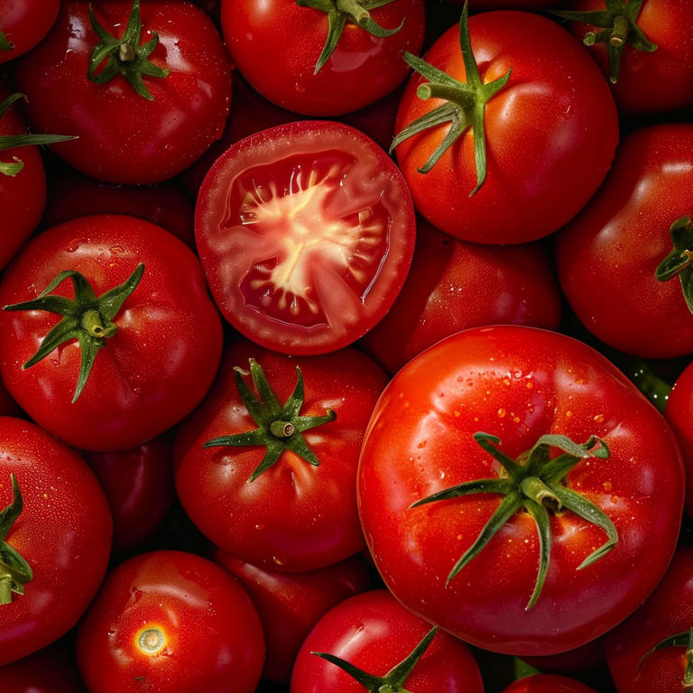 Close-up of fresh red tomatoes with green stems, one cut in half showing interior