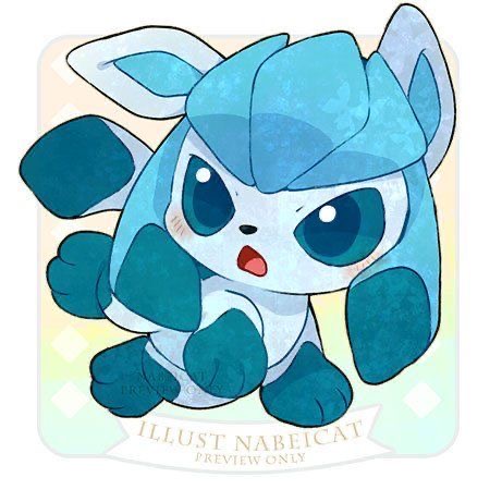 Illustration of Glaceon Pokémon character in blue tones with large expressive eyes