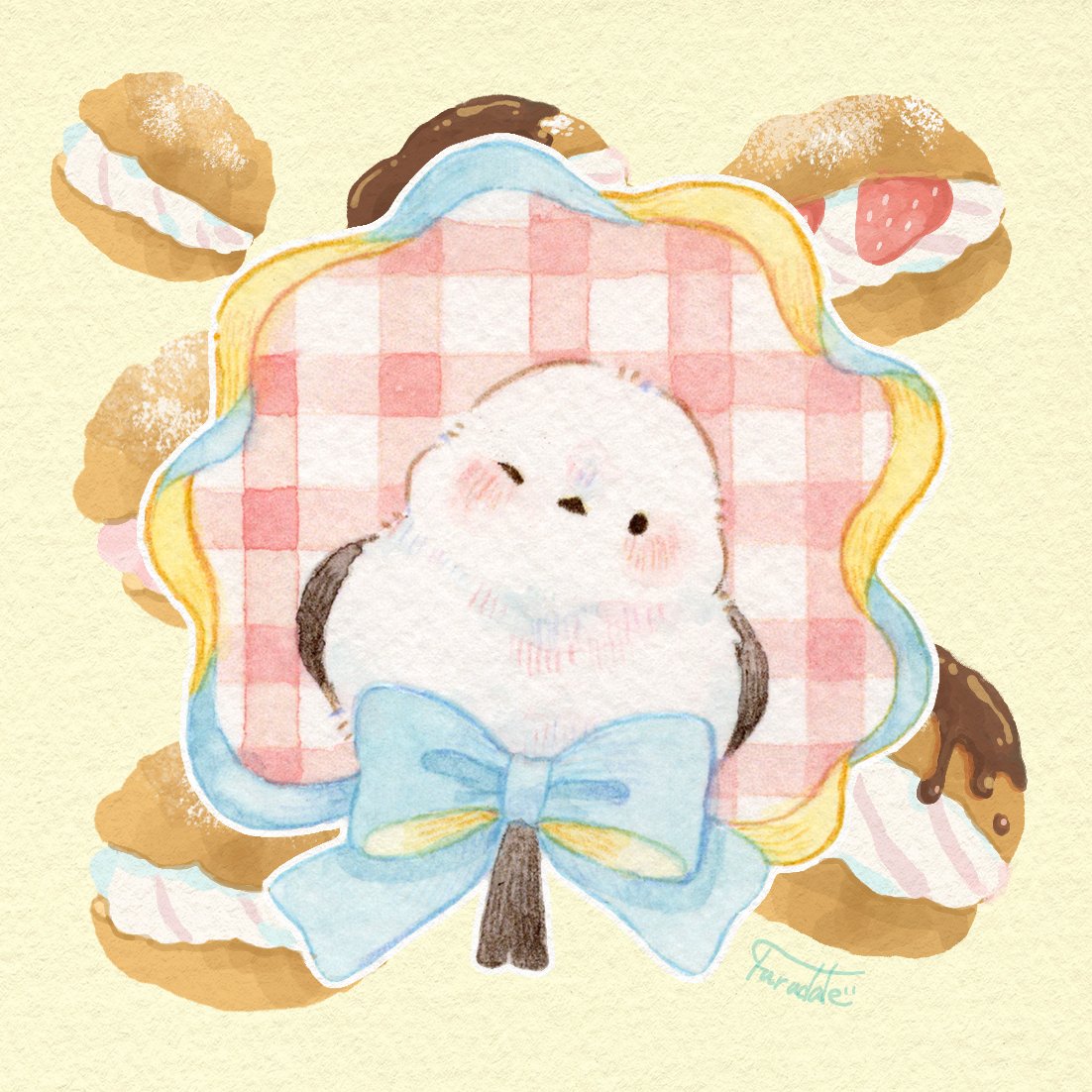 Pastel illustration of a fluffy white bird with a blue bow, framed by cream-filled pastries