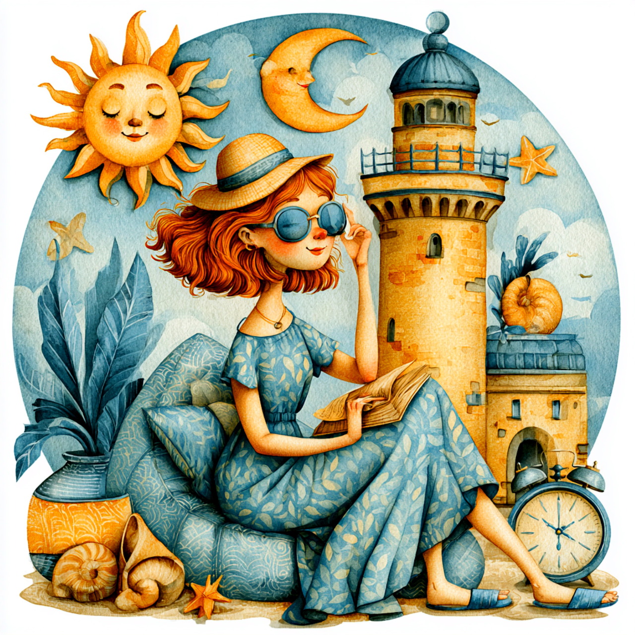 Girl in sun hat reading book next to lighthouse with celestial sun and moon decorations