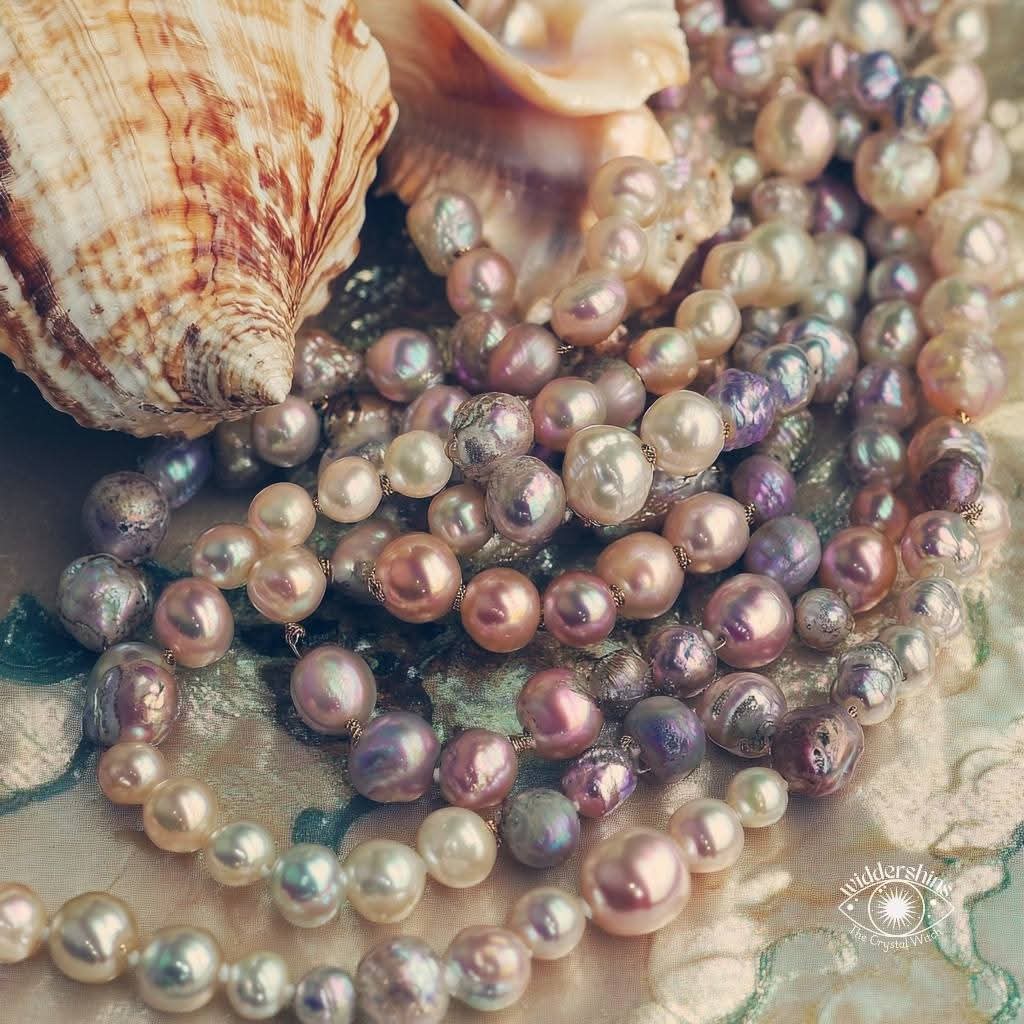 Close-up of pink and white pearls with seashells on fabric