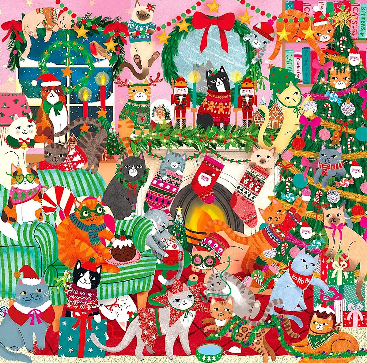 Colorful illustration of many cats celebrating Christmas with decorations, gifts, and holiday items