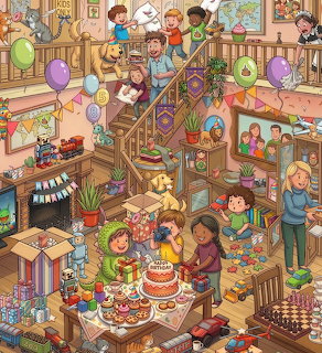 Cartoon family birthday party inside a busy house with cake, balloons, presents, toys, and many people