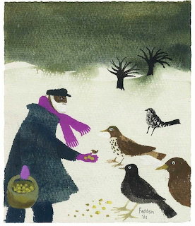 Painting of a person feeding birds in the snow with bare trees in the background