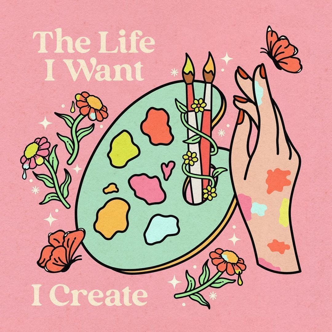 Retro illustration of artist's palette with paintbrush, hand, flowers and butterfly on pink background