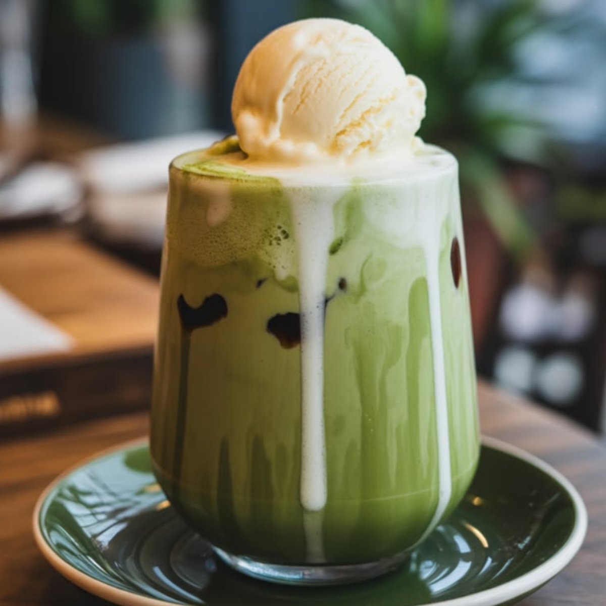 Glass of iced matcha latte topped with vanilla ice cream on a green saucer