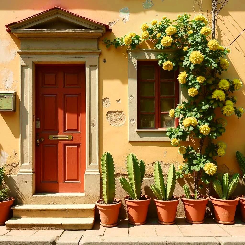 Yellow house entrance with red door, climbing roses, and potted cacti in terracotta pots