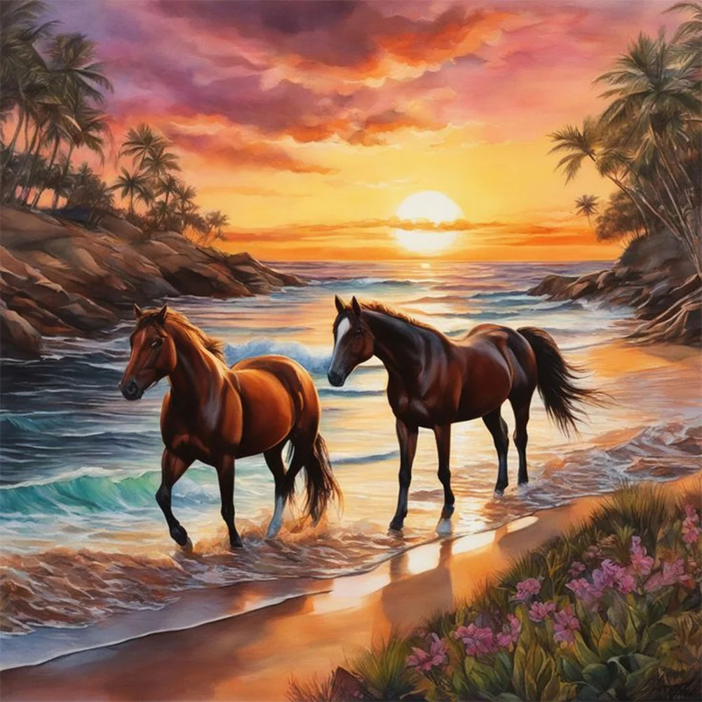 Two horses walk along a tropical beach at sunset with palm trees and ocean waves