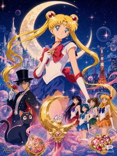 Sailor Moon standing prominently with fellow Sailor Guardians, Luna the cat, and magical girl transformation items in starry scene