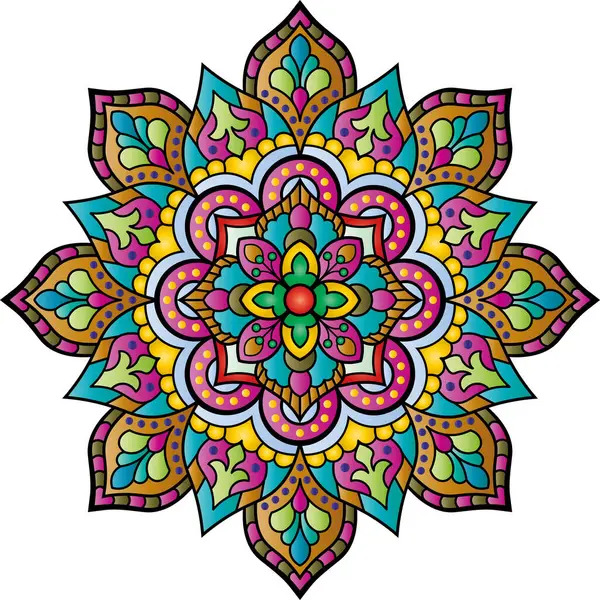 Colorful symmetrical mandala with intricate geometric and floral patterns in bright rainbow hues