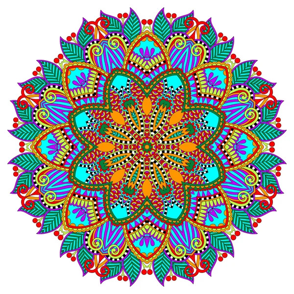 Colorful symmetrical mandala with intricate geometric and floral patterns in vibrant blues, oranges, and pinks