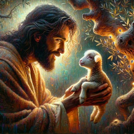 Bearded man in robes tenderly holding a white lamb with animals around him in warm golden light
