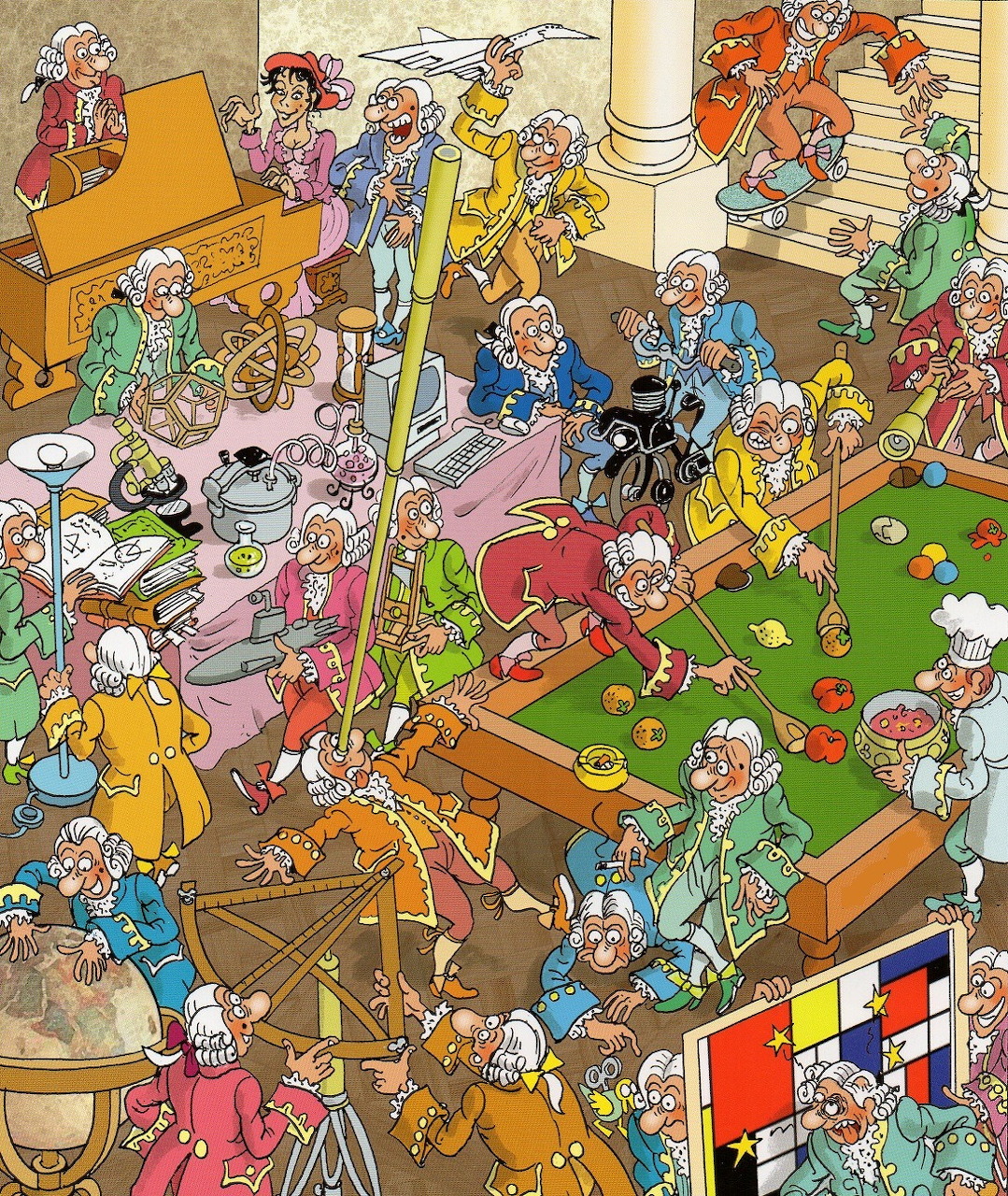 Cartoon illustration of crowded inventor workshop with scientists conducting colorful experiments and building contraptions