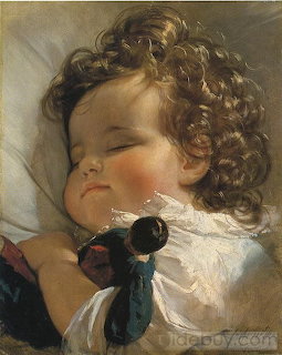 Classical painting of a sleeping curly-haired baby holding a dark doll against a white pilow