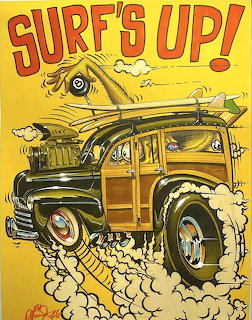 Cartoon illustration of a woody wagon with surfboards on roof doing a burnout, retro hot rod art style