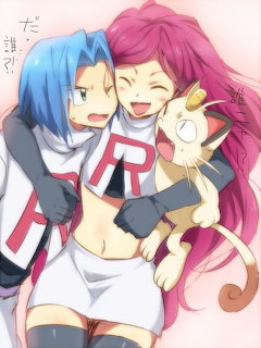 Anime art of Team Rocket trio - Jessie, James, and Meowth - smiling and posing together in their white uniforms