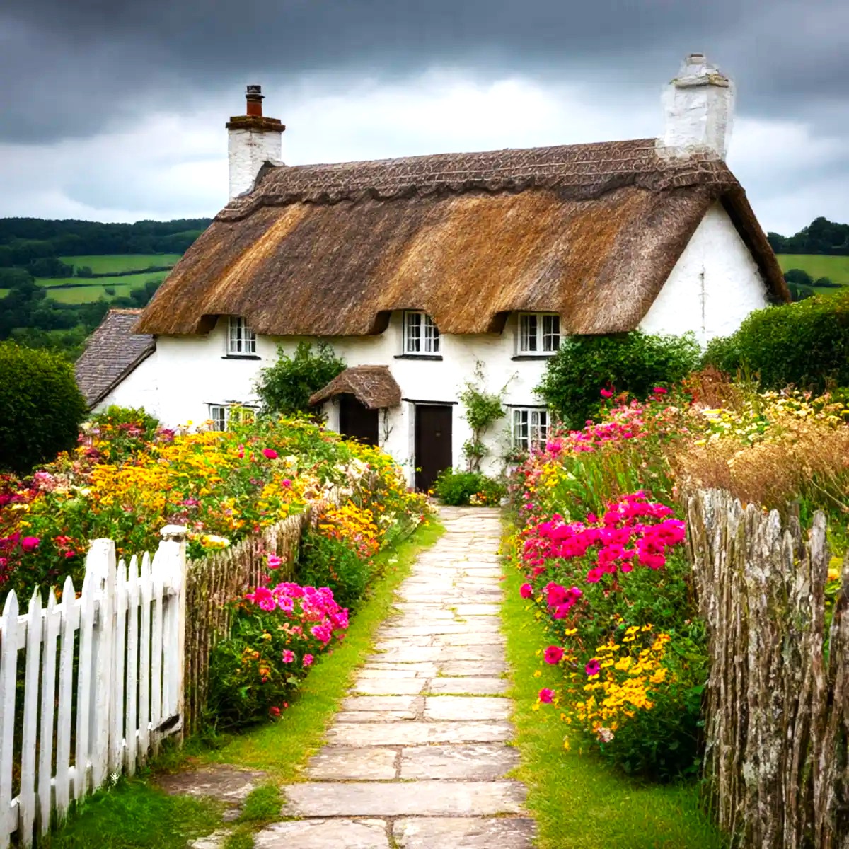 White thatched cottage with colorful garden path bordered by white picket fence under stormy sky
