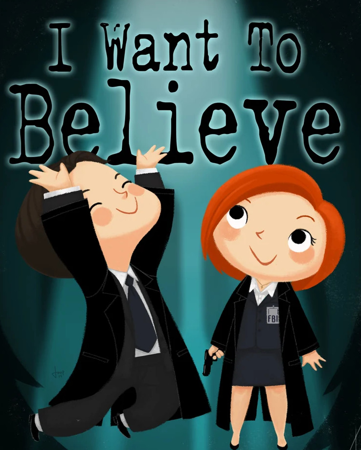 Cartoon illustration of two FBI agents in black suits with 'I Want To Believe' text above them on teal background