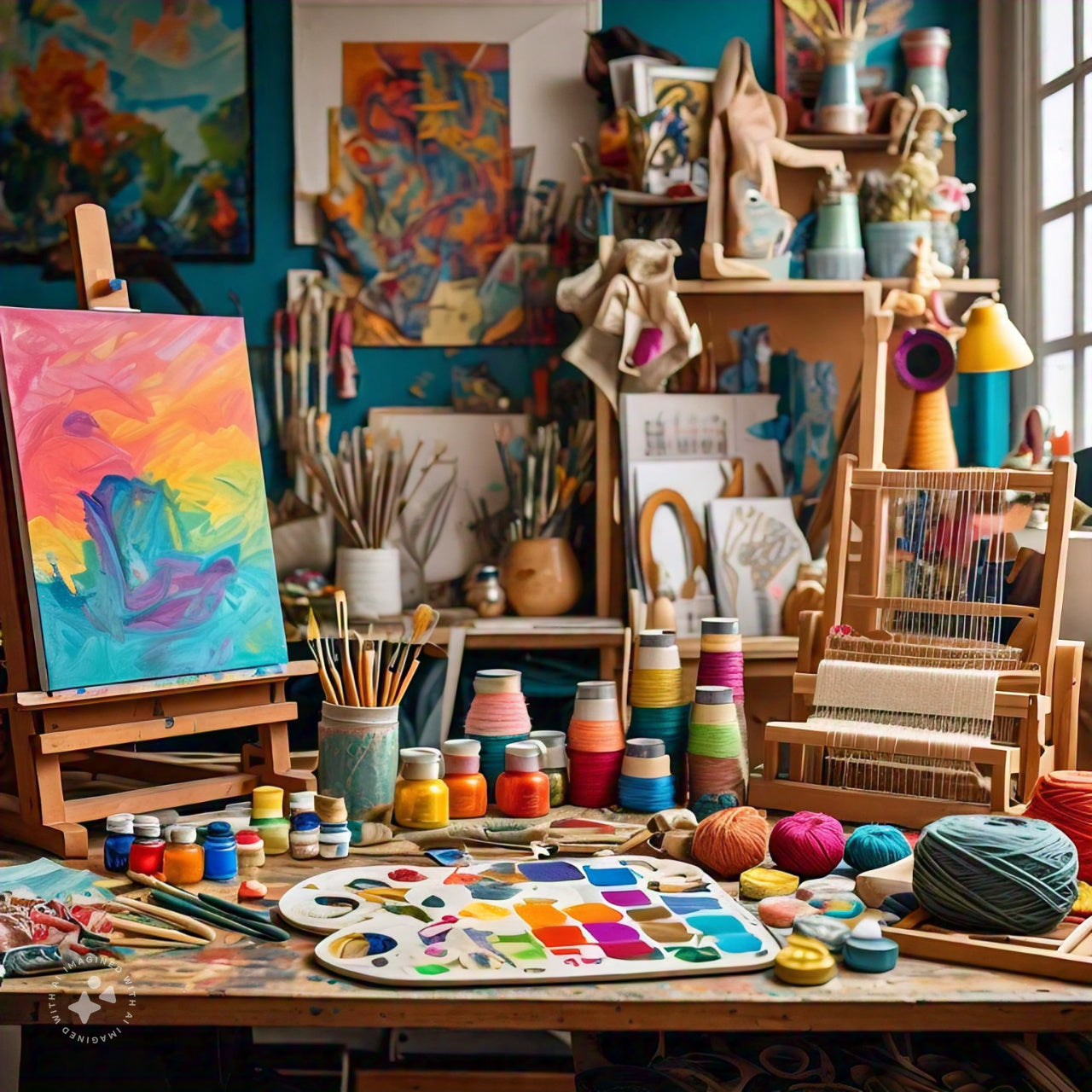 Colorful artist studio with easel, paints, brushes, canvases, and supplies on a wooden table