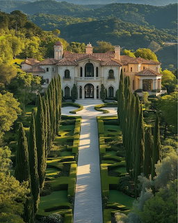 Aerial view of large beige Mediterranean villa with formal gardens and mountain landscape
