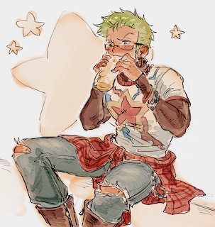 Roronoa Zoro sitting on chair drinking from bottle with stars in background