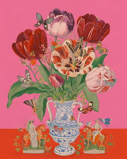 Colorful tulips in a blue and white Delft vase with butterflies on a pink and red background
