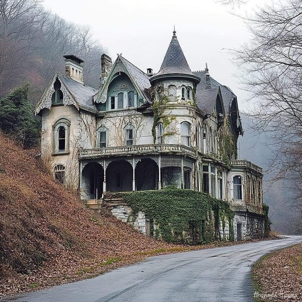 Abandoned Victorian mansion with turrets on hillside surrounded by bare trees in fog