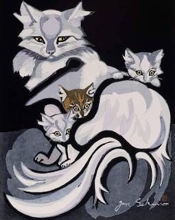 Stylized painting of four cats with flowing curved forms in gray and white tones on black background