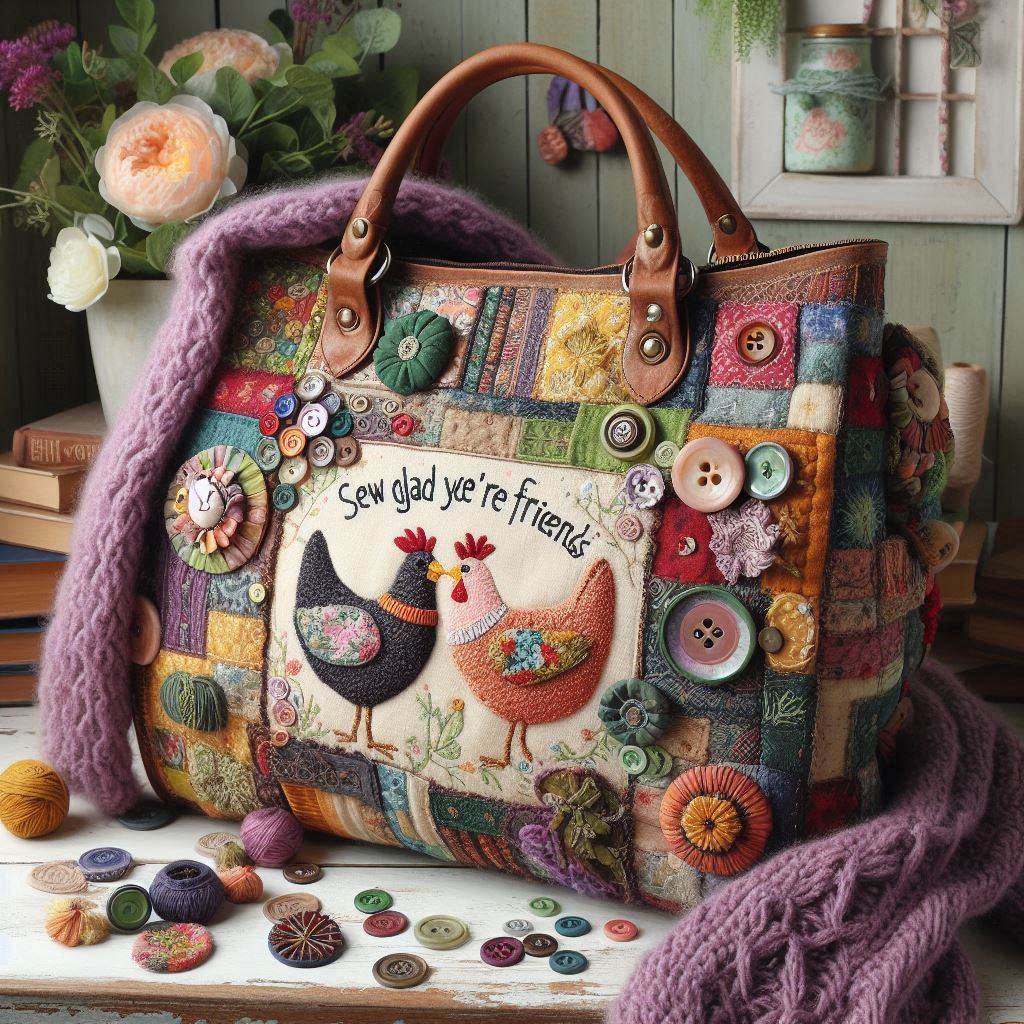 Handmade quilted bag with patchwork design, buttons, embroidered chickens, leather handles on wooden background