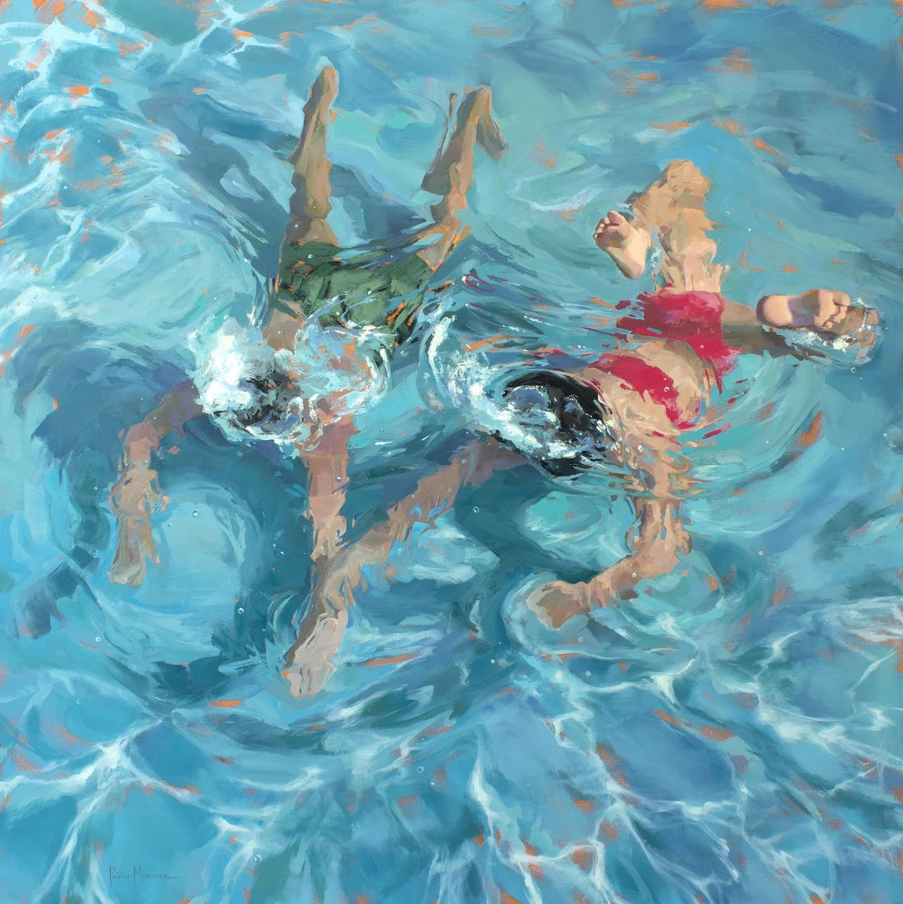 Painting of two children swimming underwater in a bright blue pool with rippling water patterns