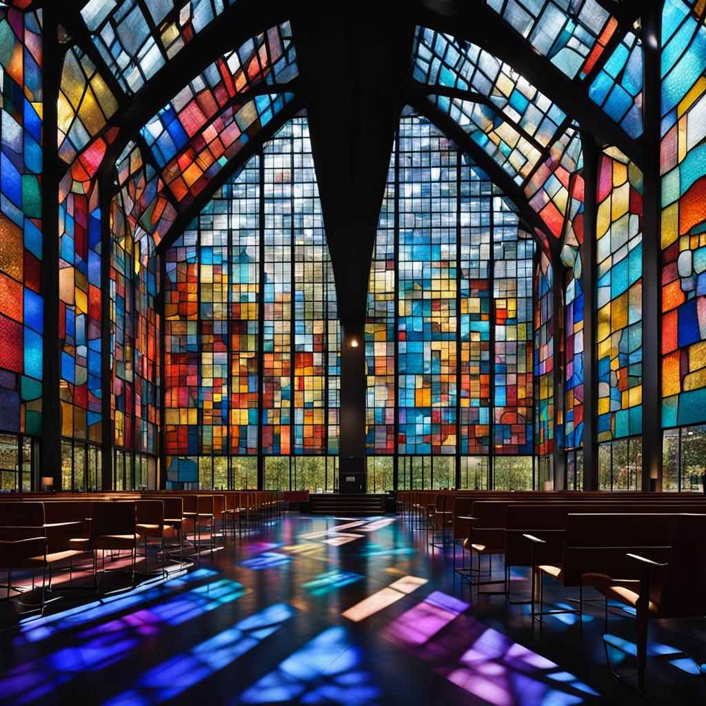 Chapel interior with large stained glass windows and colorful light on the floor