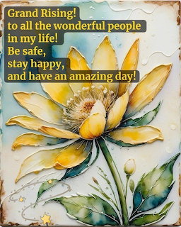 Yellow flower illustration with green leaves and a Grand Rising inspirational message on a decorative card