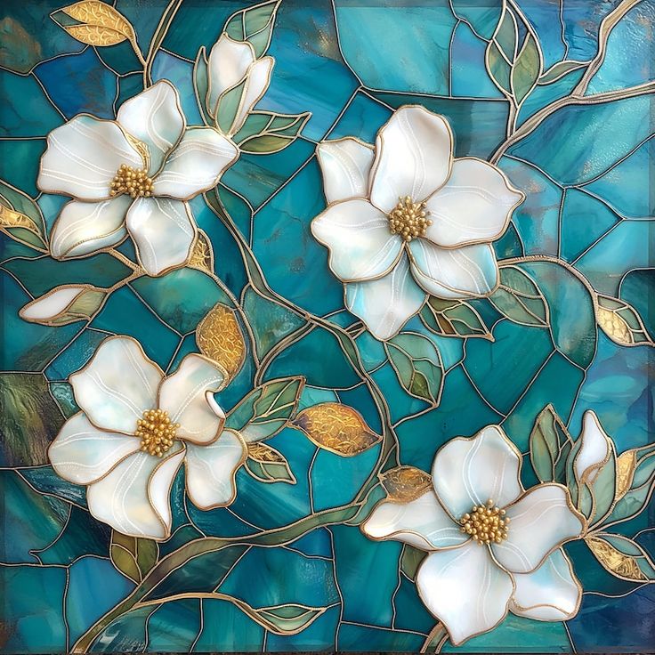 White magnolia flowers with gold leaves on turquoise geometric tile background