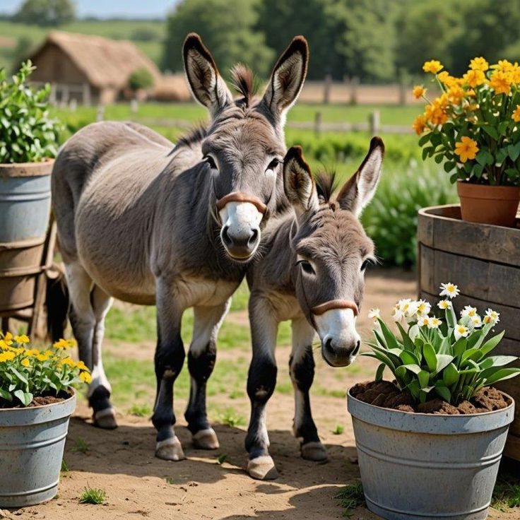 Two gray donkeys surrounded by flowering plants in metal pots on a farm