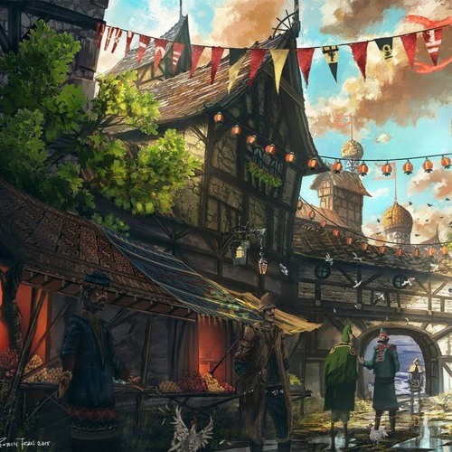 Fantasy medieval village with half-timbered buildings, flags, and stone archway
