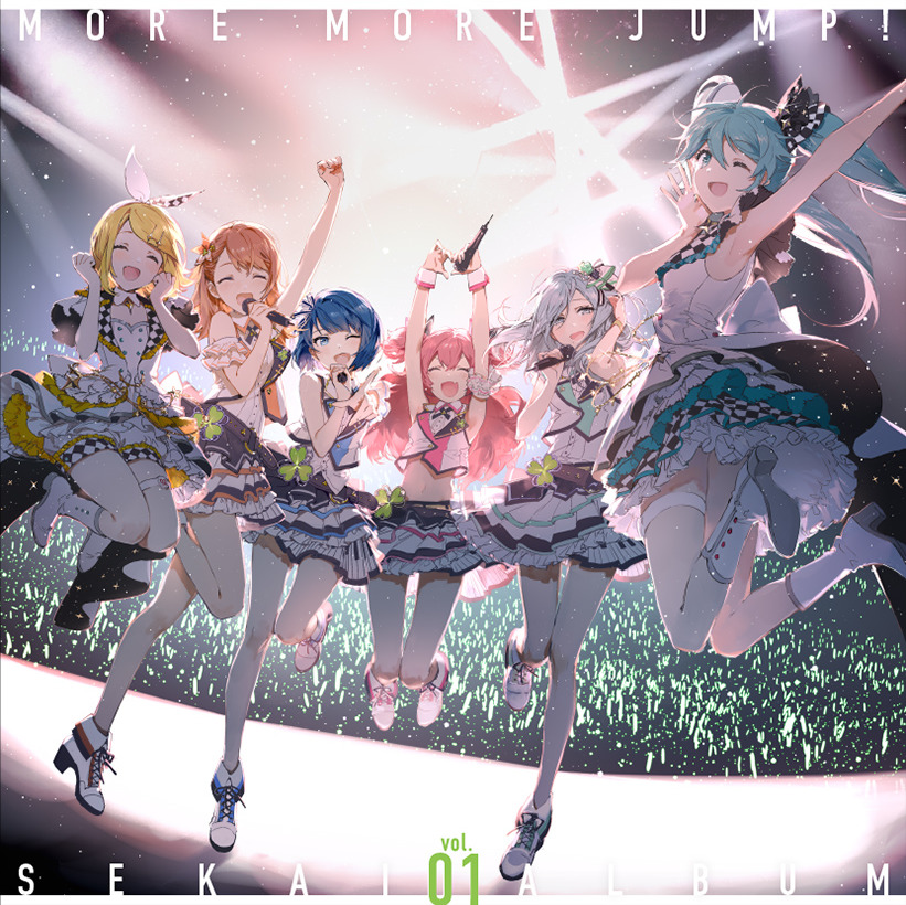 Five anime idol girls jumping and singing on a concert stage with bright lights and a cheering crowd