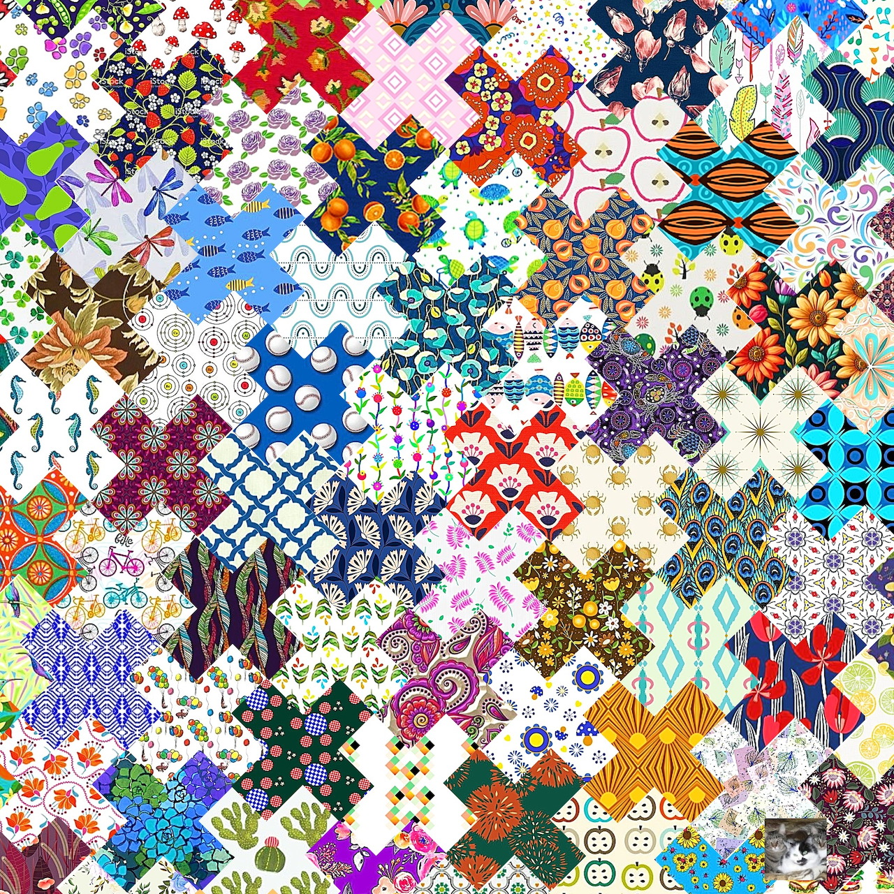Colorful patchwork collage made of many patterned squares with floral and geometric designs