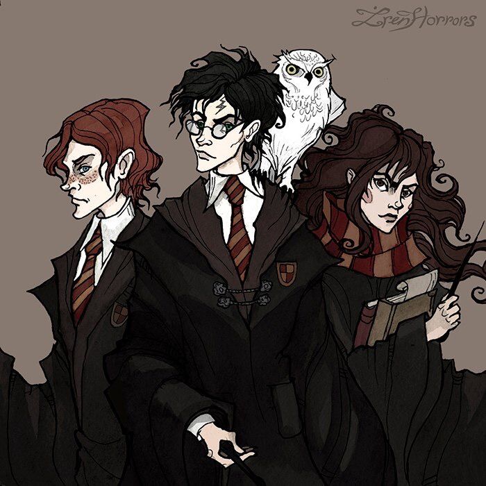 Illustration of Harry Potter, Ron Weasley, and Hermione Granger in school robes with a white owl