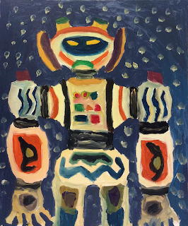 Painting of a colorful robot with abstract shapes on a dark blue spotted background