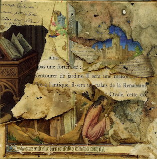 Vintage collage of torn manuscript pages and faded painted paper fragments
