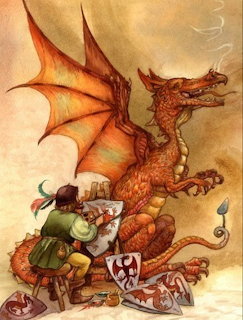 Illustration of a child painting a heraldic shield while sitting next to a friendly orange dragon