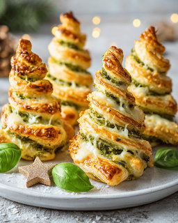 Stacked puff pastry arranged as Christmas trees with herbs on white plate