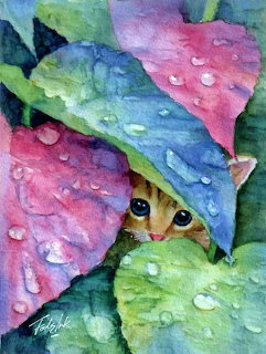 Watercolor of kitten with yellow eyes peeking through pink, blue, and green leaves with water droplets