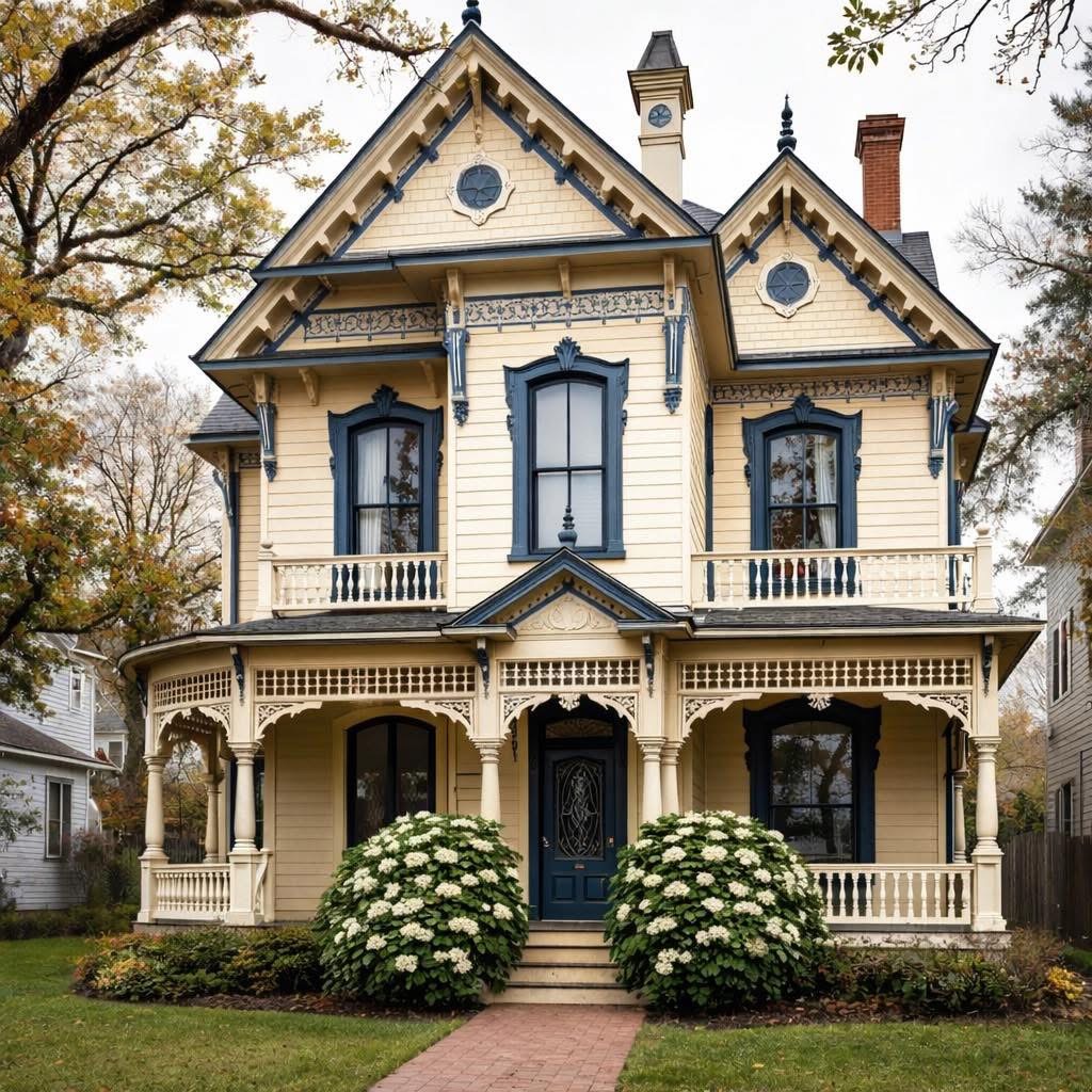 Cream Victorian house with decorative trim, porch, and white flowering bushes in front