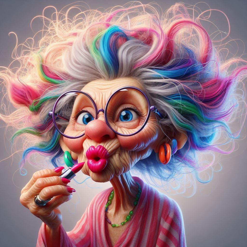 3D cartoon of a funny old lady with wild rainbow hair and big glasses applying lipstick