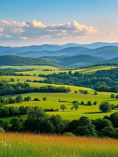 Rolling green hills and mountains of Shenandoah Valley under partly cloudy blue sky
